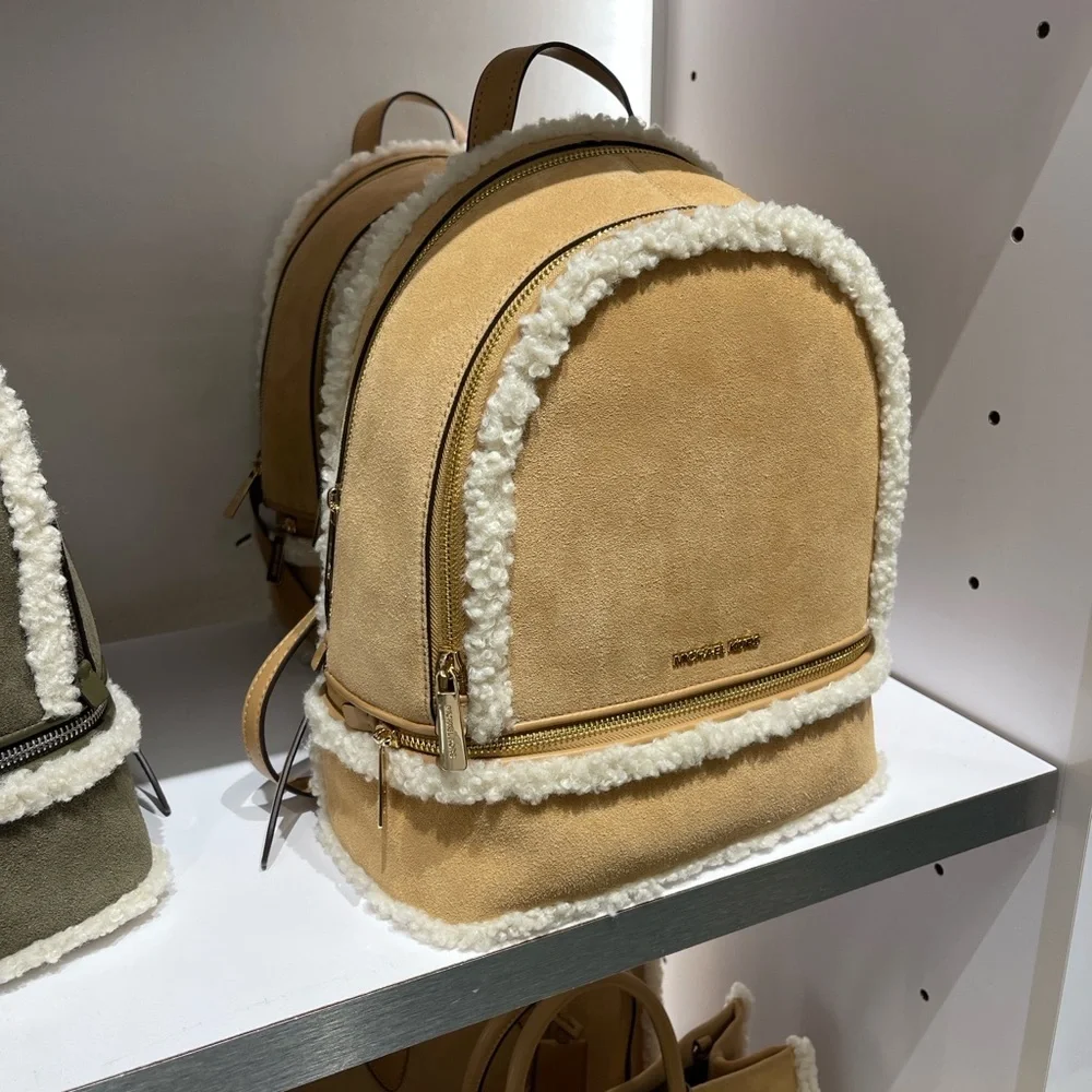 MICHAEL KORS Rhea Medium Suede and Faux Shearling Backpack Peanut  NWT